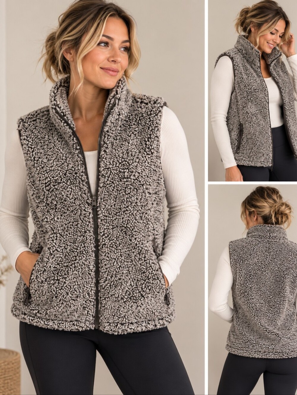 Thread & Supply Sherpa Teddy Fleece Vest Gray Full Zip Women's L